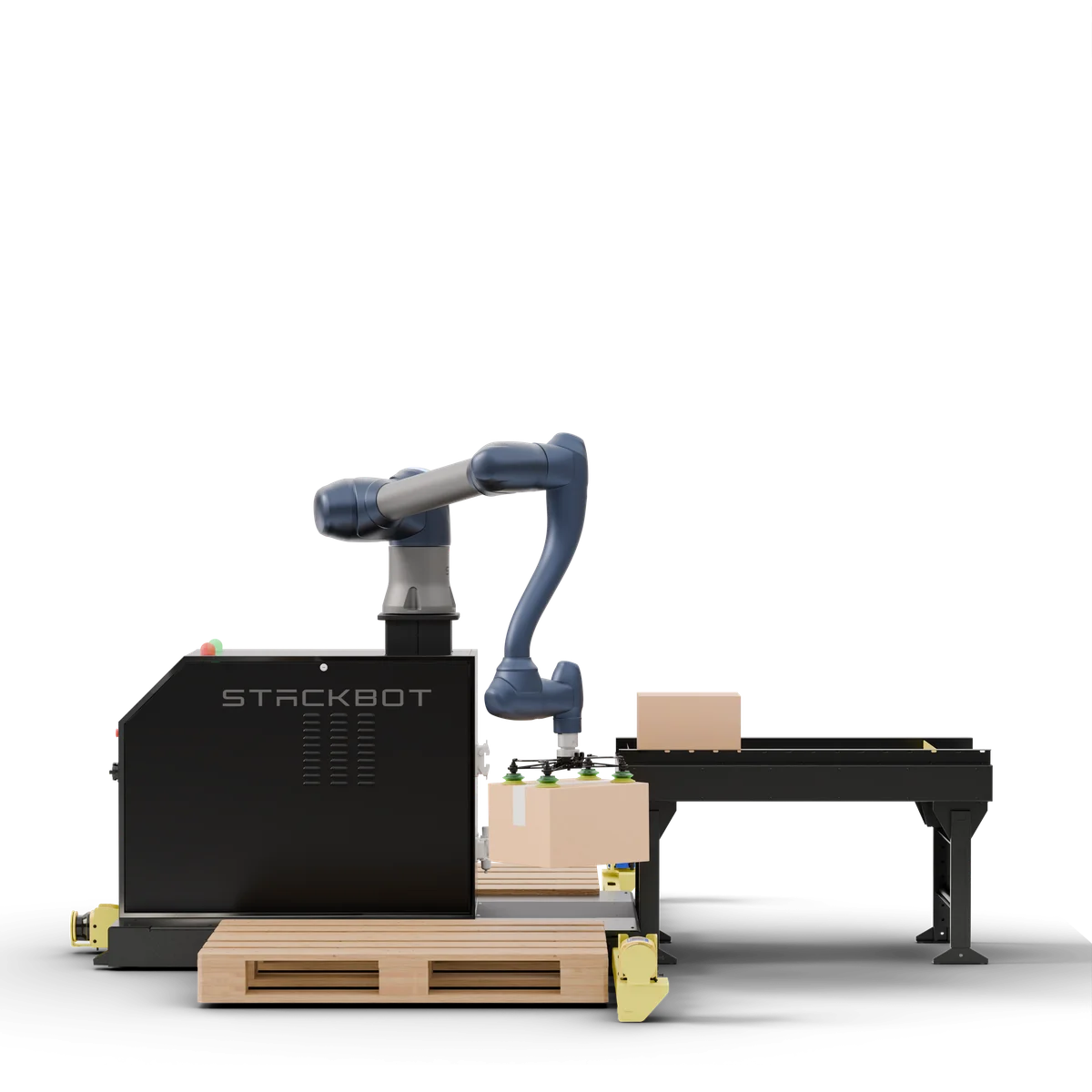 Stackbot — sistem complet de paletizare automată cu braț robot, StackFeeder și platformă mobilă